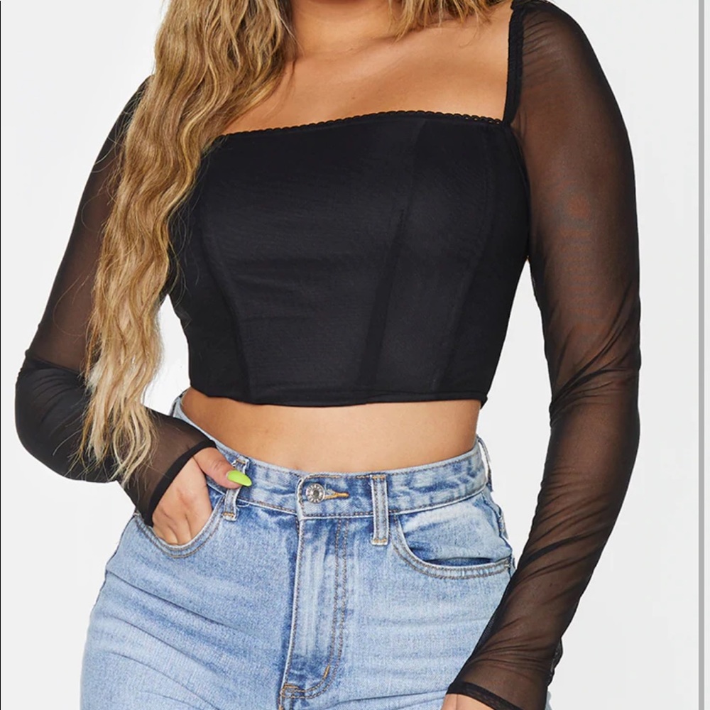 plt black mesh sleeve crop top